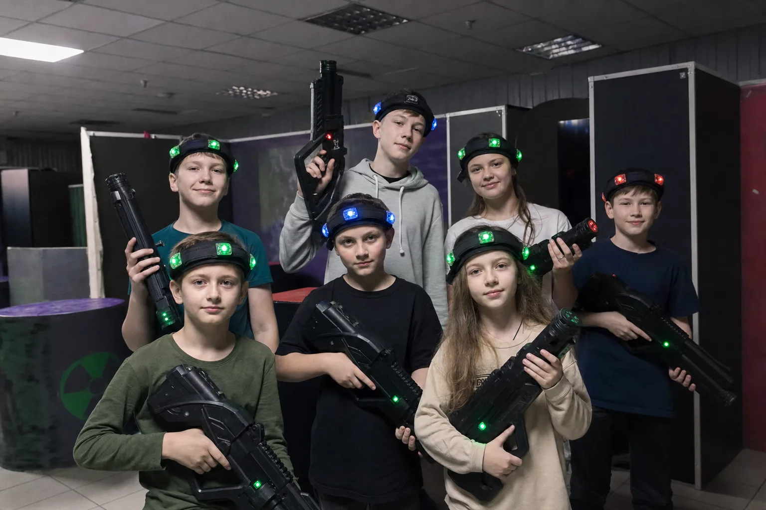 У лазертаг-арені позує група із семи світлошкірих дітей та…